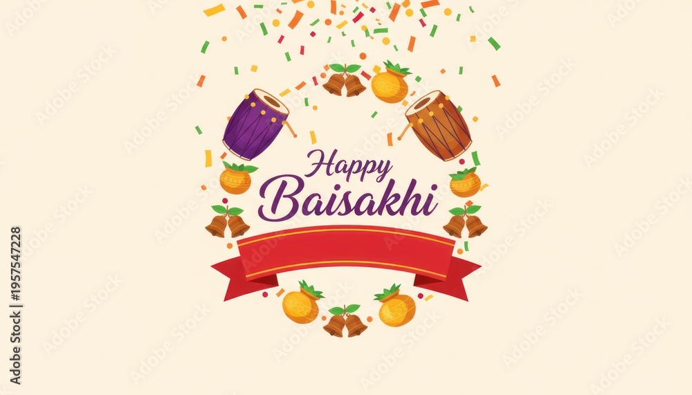 Fototapeta premium Happy Baisakhi greeting card with colorful dhol, wheat ears, festive bunting and ribbon banner