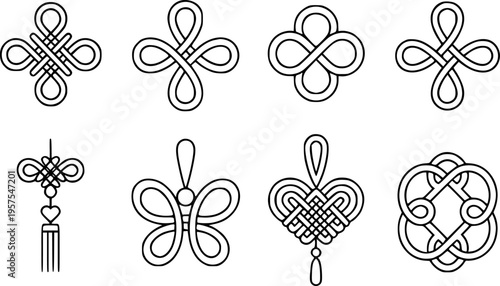 Collection of intricate black line Chinese knot a white background symbol luck