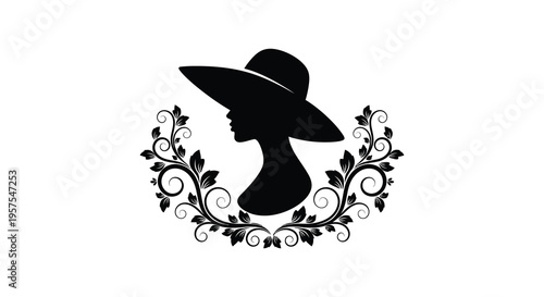 A striking black silhouette of a woman in a large hat framed by floral swirls and foliage silhouette high quality professional