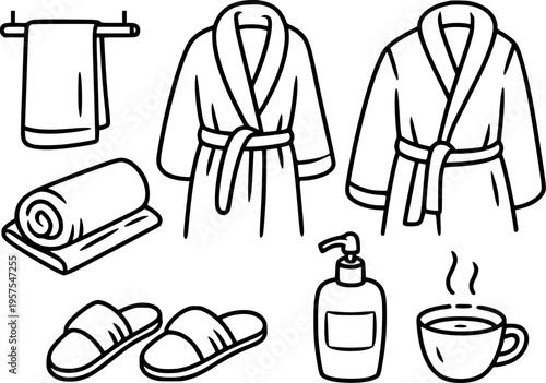 Collection of spa and relaxation including bathrobes towels slippers soap dispenser and hot drink