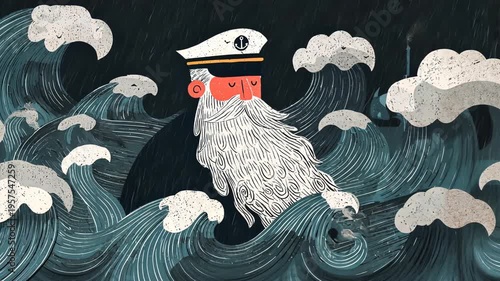 Whimsical Art of Bearded Captain in Stormy Sea Waves - Nautical Cartoon Illustration in Blue Color Palette