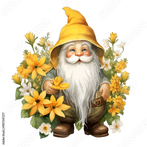 Watercolor garden gnome in yellow hat with jasmine and lilies