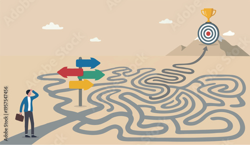 Path office people idea work flat company chart assessment project businessman finding the way in labyrinth to reach target.