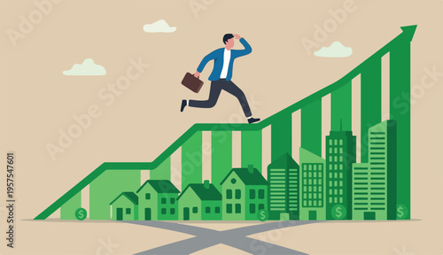 Real estate market price rising up chart homebuyer property investment concept, businessman homebuyer real estate agent happy running rising up house an building green to graph and chart