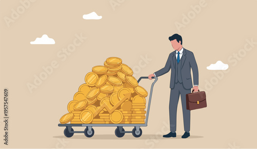 Success in for this is of on vestor, rich man making money from business or investment, income and revenue, budget, saving or profit concept, to rich and successful businessman with load of money gold