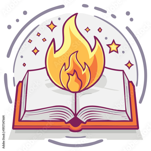 Open book with a blazing flame, a magical story concept, symbolizing knowledge, ideas, passion, and creative storytelling