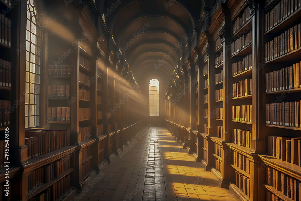 Fototapeta premium Ancient library corridor with tall wooden bookshelves and soft sunlight creating a quiet scholarly and timeless atmosphere.