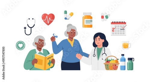 Senior Health & Elderly Care: Doctor Consults Older Women on Healthy Lifestyle, Medication, and Wellness