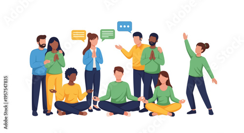 Diverse Community Group Engaged in Mindfulness, Communication & Social Interaction. Flat Vector Illustration.
