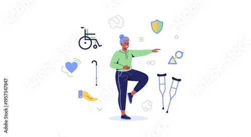 Active Senior Woman Exercising with Health and Mobility Support Icons