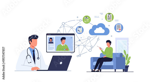 Telemedicine Consultation: Doctor and Patient Remote Video Call for Online Medical Care and Digital Health Records