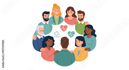 Diverse Community Circle for Health and Wellness Support with Empathy and Medical Icons