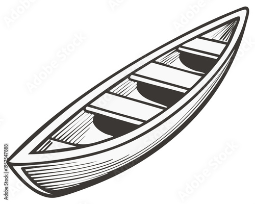 Empty wooden canoe or small boat graphic icon in a vintage monochrome style