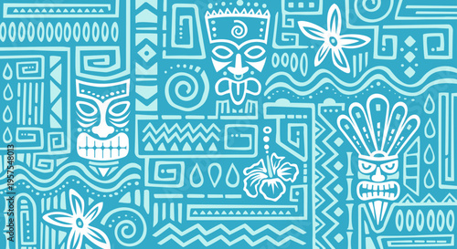 Hawaiian Or Caribbean Pattern With Flowers And Masks