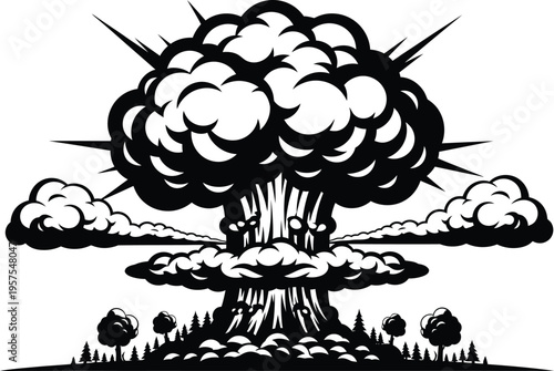 Stylized black and white mushroom cloud explosion vector illustration with smoke and debris