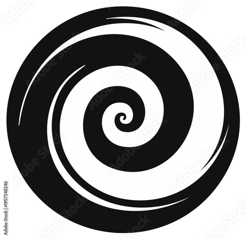 Abstract black and white swirling spiral design in a circular shape