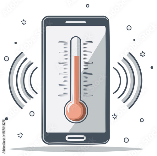 Smartphone displaying a thermometer indicating high temperature with radiating waves