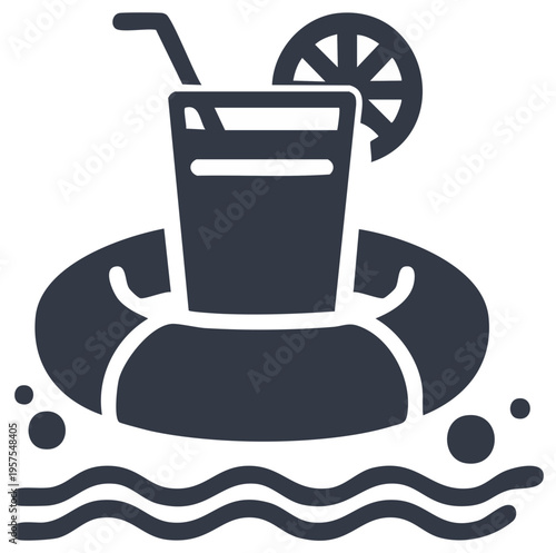 Refreshing summer drink floating on water in inflatable ring with lemon and straw