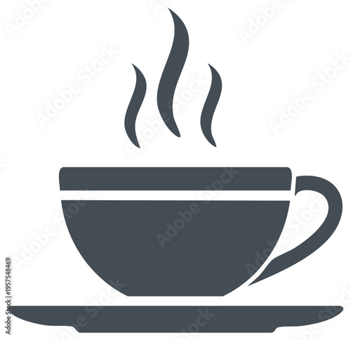 Stylized cup of tea or coffee icon with steam. Simple hot drink illustration on saucer for food and beverage designs.