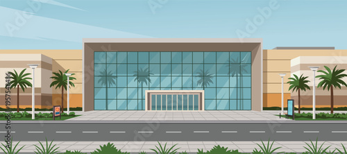 Modern Shopping Mall Building Exterior Illustration. Hotel building. Mall entrance. Hotel entrance. Urban building. City building.