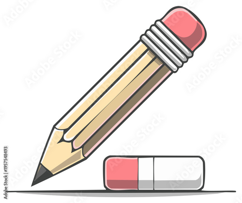 Cartoon pencil and eraser with shadow, writing tool, art supplies, vector illustration