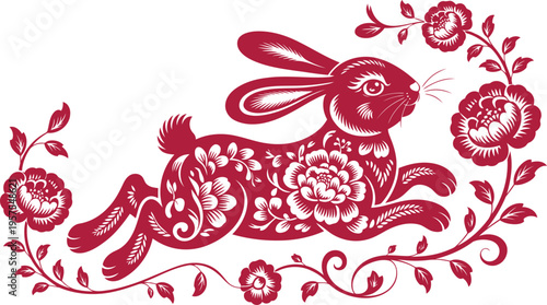 Traditional red Chinese paper cut rabbit illustration with floral patterns and oriental zodiac elements for Lunar New Year celebration, isolated on white background, folk art style.