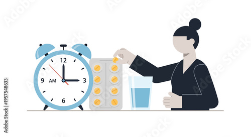 Woman taking medication on time with alarm clock and glass of water