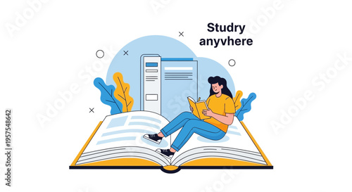 Woman Reading Book on Open Book Illustration: Study Anywhere Concept