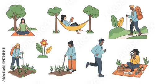Diverse people enjoying outdoor activities and healthy lifestyle illustrations