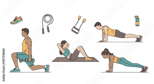 Diverse People Exercising with Fitness Equipment, Healthy Lifestyle Concept