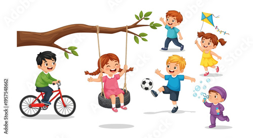 Happy children playing outdoors on a sunny day with toys and games
