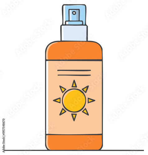 Sunscreen spray bottle icon with a sun symbol for summer skincare and UV protection concept