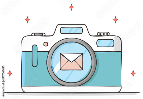 Blue camera illustration with mail icon photography communication technology sharing networking digital media social media concept