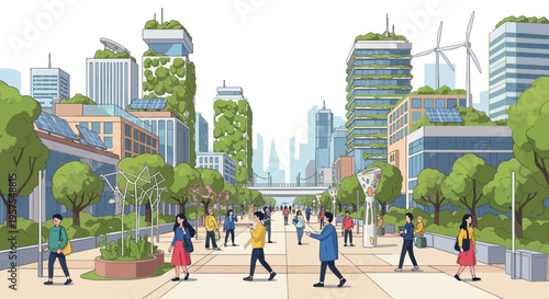 Sustainable Futuristic Cityscape with Green Buildings, People Walking, and Renewable Energy