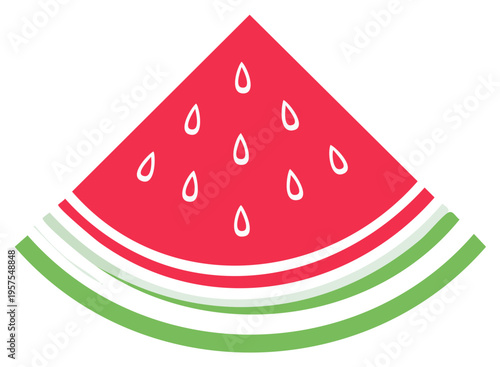 Brightly colored slice of watermelon with seeds, juicy fruit, summer refreshment, cartoon style