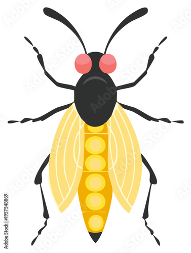 Cartoon Insect Illustration of a Winged Fly with Yellow Body Sections and Pink Eyes