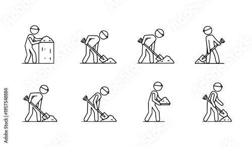 Stick figure digging icon set man working with shovel construction vector silhouettes isolated on white