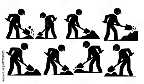 Stickman digging silhouettes worker with shovel icon set construction activity vector isolated on white background