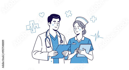 Doctor and Nurse Teamwork Illustration - Medical Professionals Discussing Patient Chart