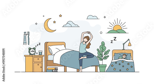 Woman stretching in bedroom at sunrise, morning routine, wake up concept