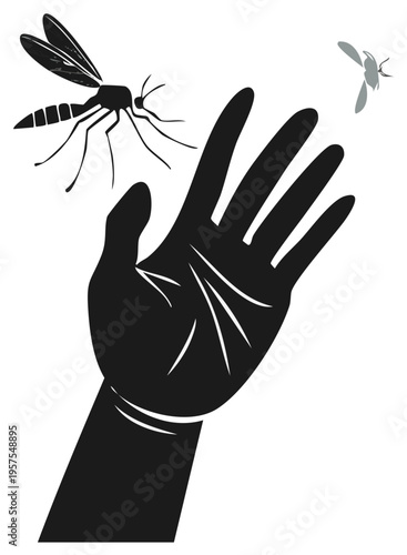 Hand Silhouetted with Mosquitoes: Preventing Bites, Insect Control Concept