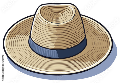 Illustration of a Tan Straw Panama Hat with Blue Band Summer Accessory Fashionable Headwear