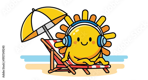 Cute sun character relaxing on beach chair under umbrella wearing headphones listening music