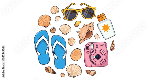 Summer beach vacation essentials flip flops sunglasses camera sunscreen seashells arranged circular
