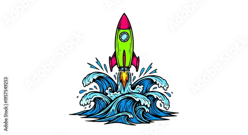 Green rocket launching from water with splash of blue waves and spray