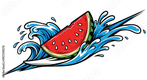 Vibrant watermelon slice surfing on blue ocean waves with dynamic water splashes and spray