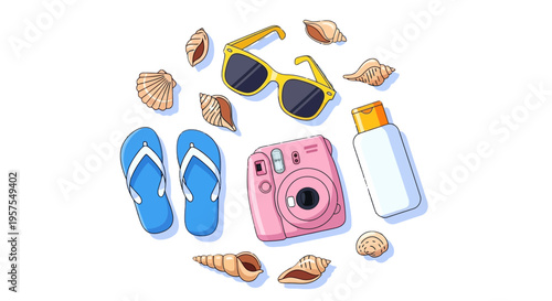 Summer beach vacation essentials flip flops sunglasses camera sunscreen seashells arranged circular