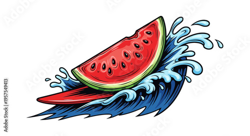 Watermelon slice surfing on big ocean wave embodying refreshing summer fun concept