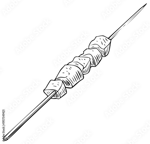 Hand drawn illustration of meat cubes on a skewer ready for grilling