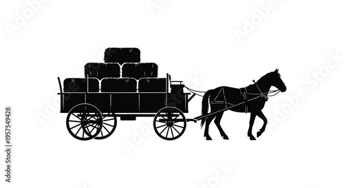 A black silhouette depicts a horse drawn wagon loaded with stacked hay bales evoking a rural scene silhouette high quality professional detailed